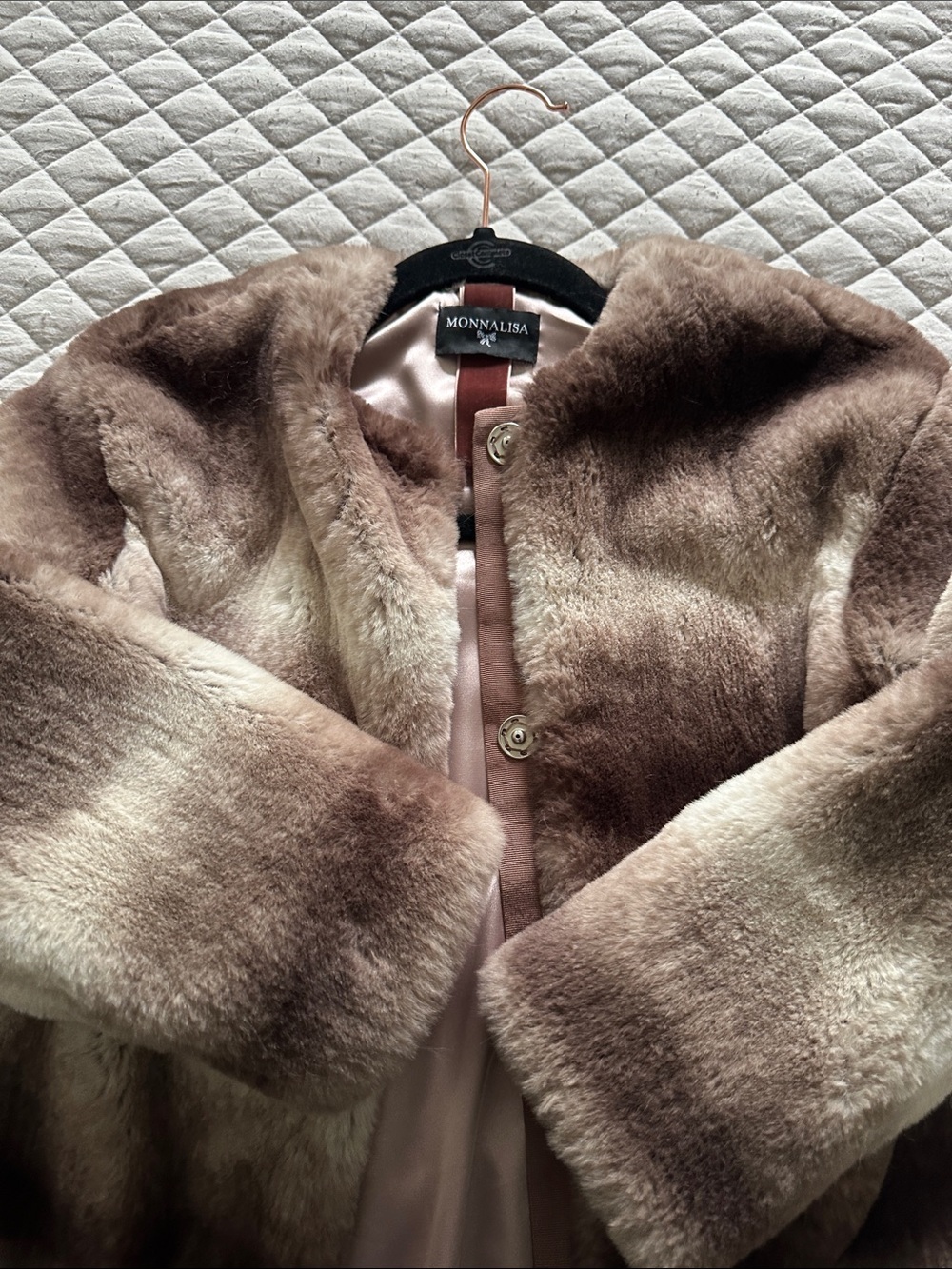 MonnaLisa Taupe and Cream Plush Faux Fur Jacket